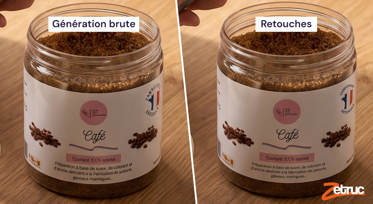 Comparaison avant après retouche d'une étiquette produit générée par IA